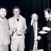 Op feestje van Conamus. Van links naar rechts: Ad Bouman (Veronica), Ad Visser (ex Top Pop/nu musicus), Peter Koelewijn en Willem-Jan v.d. Wetering (boekuitgever). (1987)